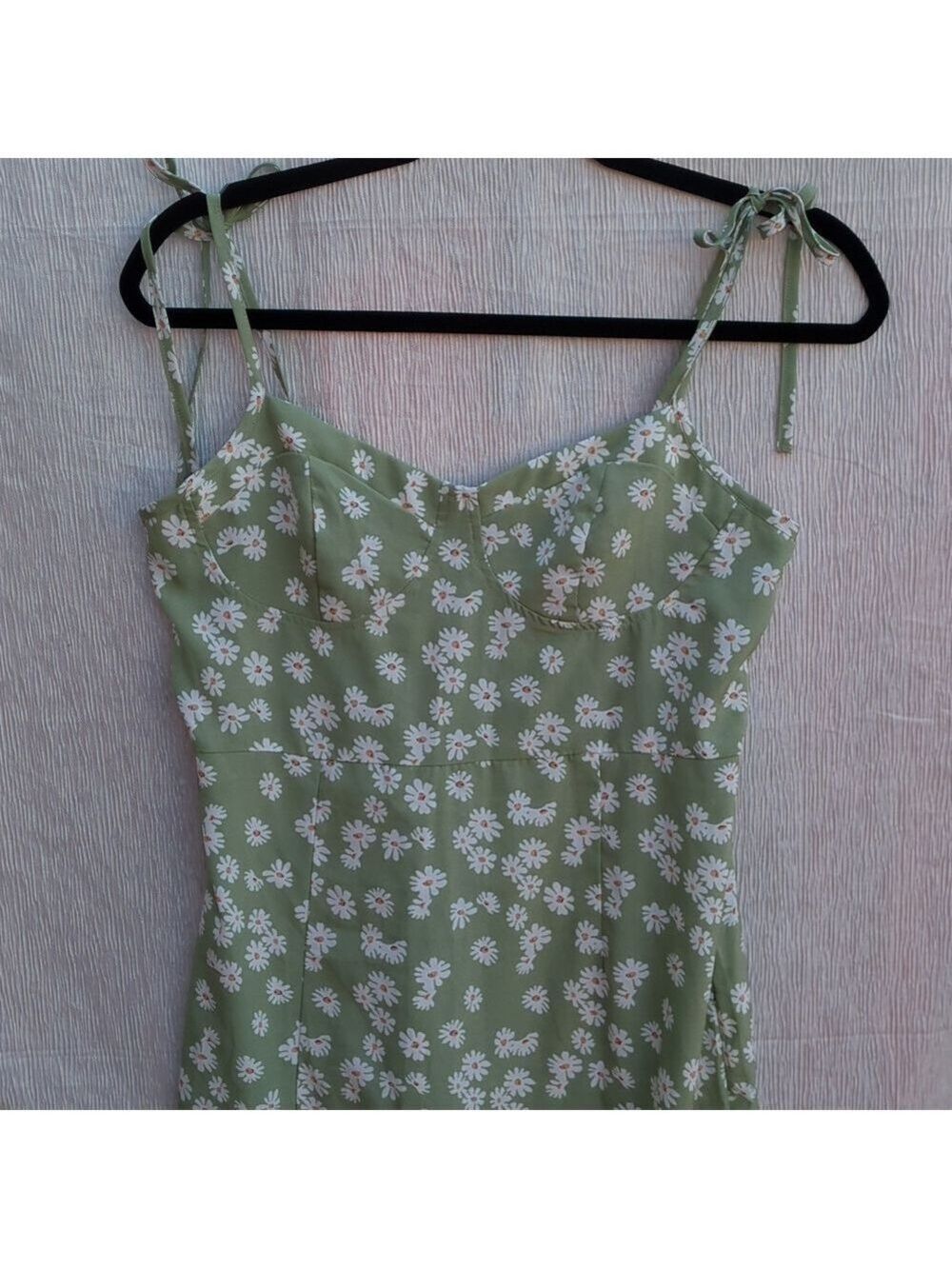 Green Floral Midi Dress Cottagecore Sundress Summer‎ Spaghetti Strap Slit - Picture 8 of 12